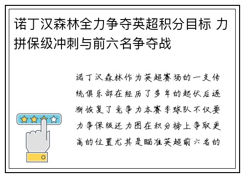 诺丁汉森林全力争夺英超积分目标 力拼保级冲刺与前六名争夺战 诺丁汉森林全力争夺英超积分目标 力拼保级冲刺与前六名争夺战