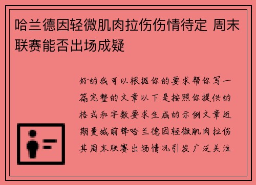 哈兰德因轻微肌肉拉伤伤情待定 周末联赛能否出场成疑