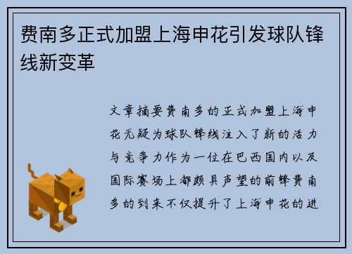 费南多正式加盟上海申花引发球队锋线新变革 费南多正式加盟上海申花引发球队锋线新变革